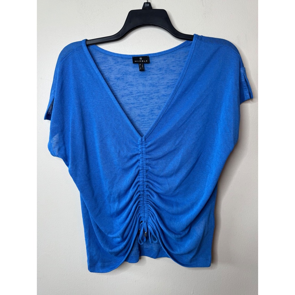 Marble Scotland Blue Ruched Drawstring V-Neck Knit Top Short Sleeve Small
